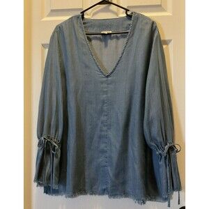 Seven Forty Two Women Blouse L Blue Chambray Frayed Trim Drawstring Sleeves